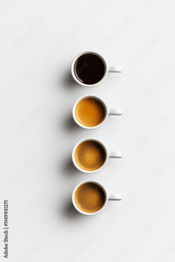 Poster minimalist shot of a vertical row of three small coffee cups, each filled with a different type of c