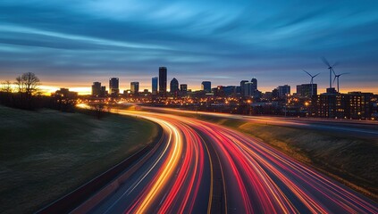 Fototapeta premium Cityscape at Dawn: Traffic Light Trails on Highway, Modern Buildings, Wind Turbines, Scenic Sunrise