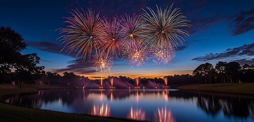 Multicolored Fireworks Burst Over a Calm Lake at Midnight