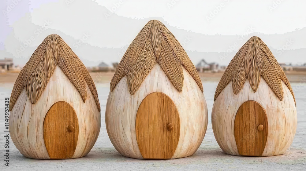 Poster three unique wooden sculptures resembling tiny houses with intricate leaf patterns on top, set again
