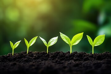 Fototapeta premium Row of vibrant seedlings emerging from dark ground, conveying hope and progress