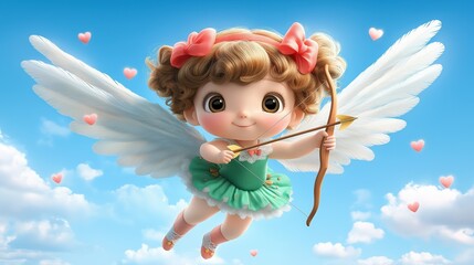A cheerful cupid with pigtails and white wings, dressed in green and pink, holding a bow and arrow, floating among fluffy white clouds and surrounded by pink hearts