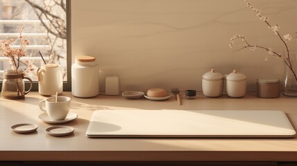 Fototapeta premium A creative desktop workspace with modern design elements, soft natural light, space on the right side for text,generative ai illustration
