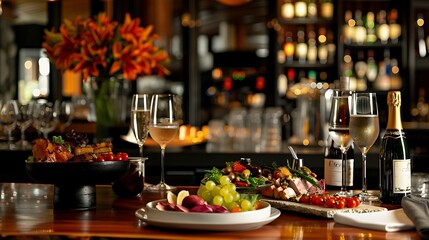 Obraz premium Food and drinks on the bar table arranged elegantly and tastefully romantic ambiance and gentle lighting