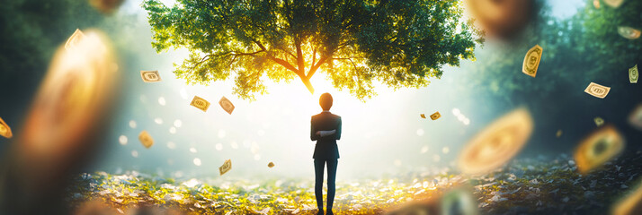 A tree with currency leaves glowing in the sunlight, while a person stands with arms crossed, radiating confidence and readiness to seize opportunities.  