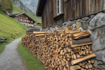 Minimalistic country aesthetic with a clean woodpile for winter warmth