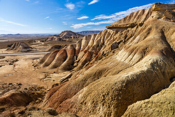 Geological composition of hills, desert area. Bardenas Reales, Navarra, Spain.