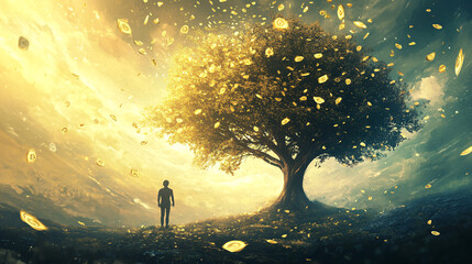 A tree with leaves of various denominations, set in an ethereal landscape, with a figure standing confidently, ready to embrace the opportunities that wealth creation brings. 