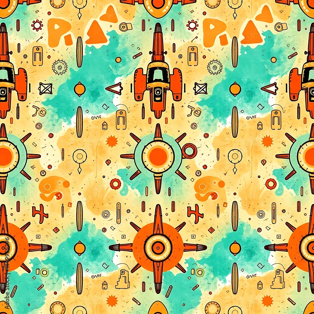 Poster retro spacecraft seamless pattern: a vibrant, retro-inspired seamless pattern featuring a whimsical 
