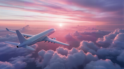 A white passenger jet soars through a vibrant pink and purple sunset sky over a sea of fluffy clouds. Great for travel, aviation or adventure related content, copy space, blank