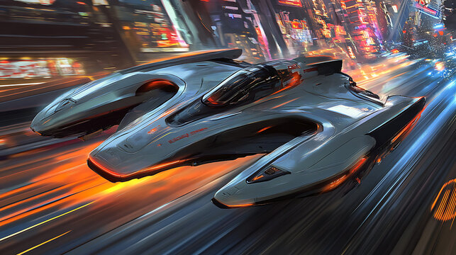 Cyberpunk Speedster: Futuristic vehicle racing through neon-lit city streets at breakneck speed.  A digital painting capturing the thrill of futuristic transportation. 