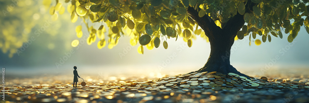 Poster a tree with lush coin leaves, casting playful shadows on the ground, while a figure below collects f