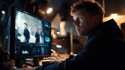 Film director intently reviewing footage on a large screen, deep in thought as he analyzes the visual storytelling, capturing the essence of creativity and meticulous attention to detail in filmmaking