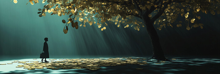 A tree with lush coin leaves, casting playful shadows on the ground, while a figure below collects fallen coins, symbolizing the rewards of hard work.  