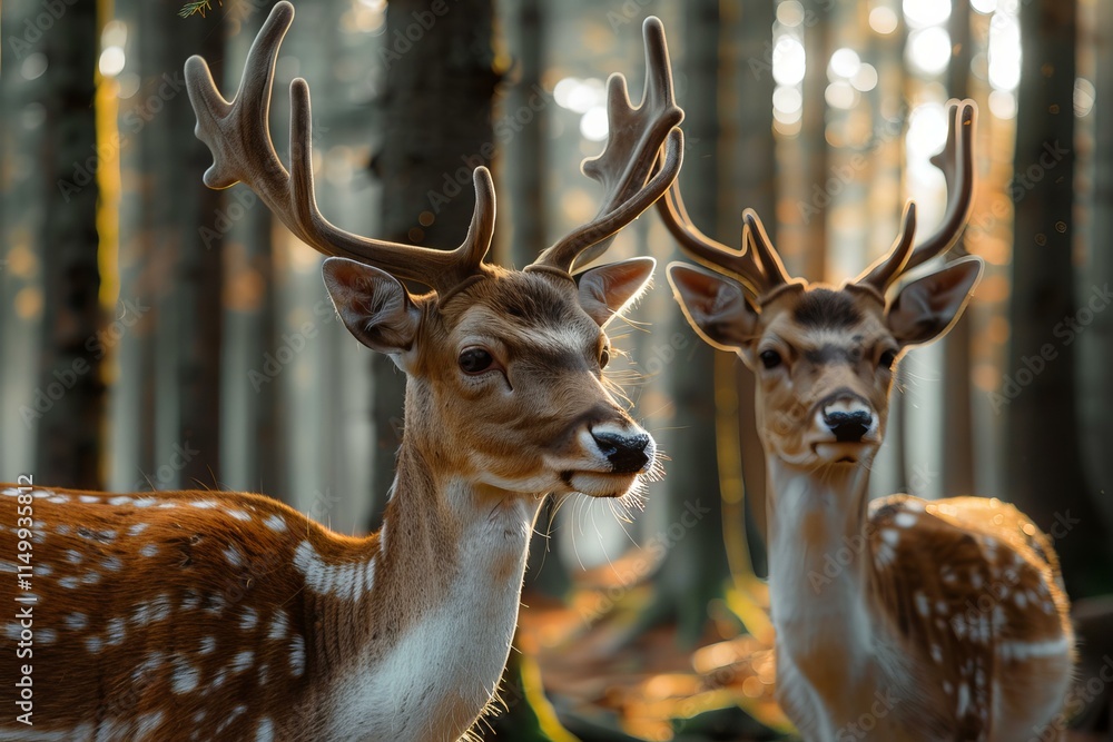 Poster two fallow deer are standing in a forest with sunlight shining through the trees