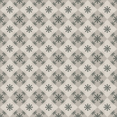 Regular Christmas snowflake texture on geometric rhombus background. Elegant seamless vector pattern for wrapping paper, textile and paper prints, greeting cards and gift boxes.