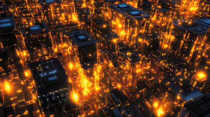 Fototapeta premium Futuristic Cityscape: An aerial view of a futuristic city bathed in warm, glowing lights, showcasing a mesmerizing blend of technology and urban design.