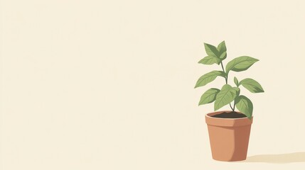 Fototapeta premium Small Plant in Terracotta Pot, Minimalist Botanical Illustration, Copy Space
