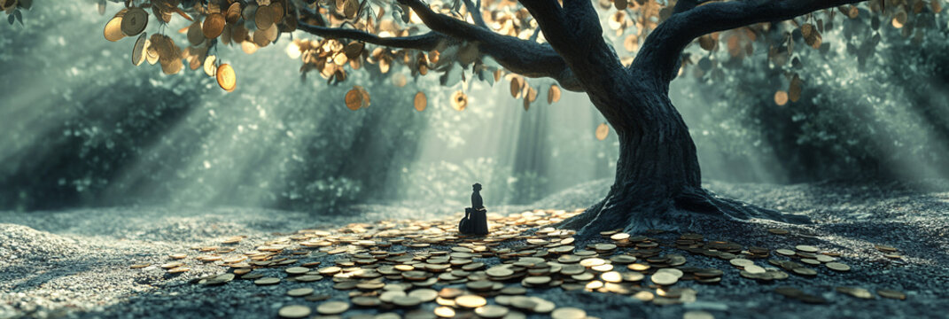 A tree with lush coin leaves, casting playful shadows on the ground, while a figure below collects fallen coins, symbolizing the rewards of hard work.  