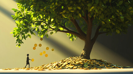 A tree with lush coin leaves, casting playful shadows on the ground, while a figure below collects fallen coins, symbolizing the rewards of hard work. 