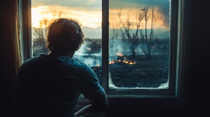 Sad Man Watching Wildfire Sunset from Window