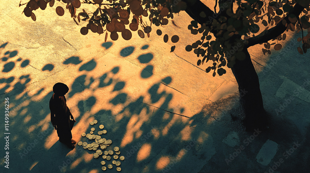 Poster a tree with lush coin leaves, casting playful shadows on the ground, while a figure below collects f