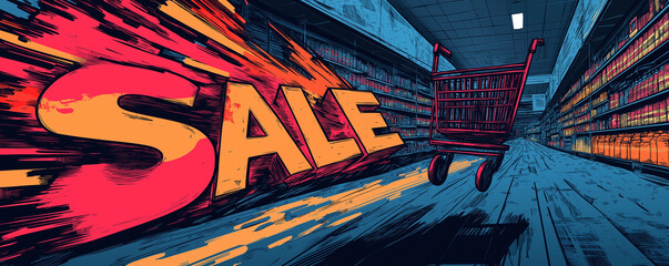 Obraz premium Explosion in bright colors and a shopping cart zooming through a digital store
