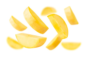 Falling Yellow Mango slices, cutout, full depth of field.
