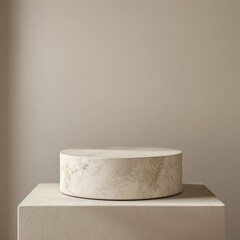 Beige marble podium on square base against neutral wall.