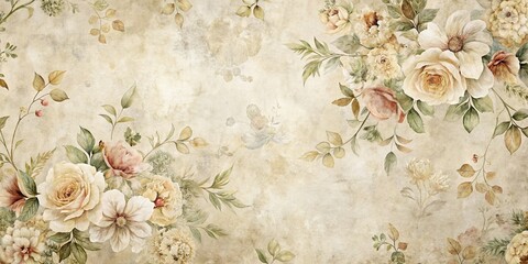 Elegant Antique Floral Design with Watercolor Roses and Greenery on Vintage Textured Background