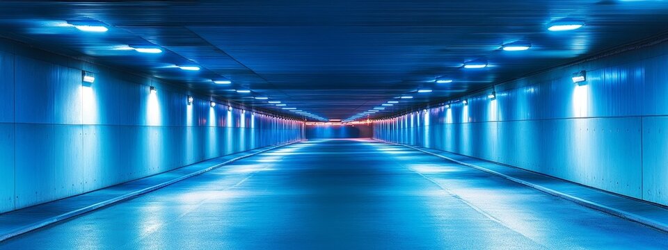 Illuminated underpass tunnel with blue lighting.