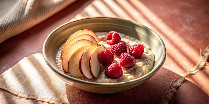Delicious and healthy breakfast porridge with sliced apples and fresh raspberries in a rustic bowl