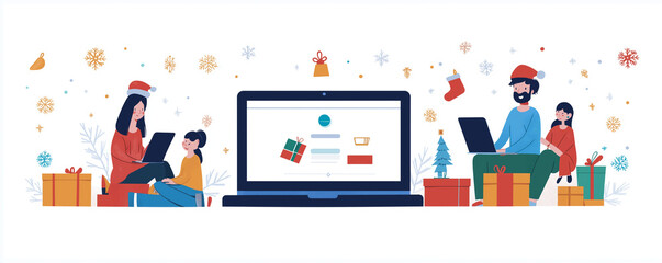 Family sitting together with laptops and tablets, browsing online Christmas shopping