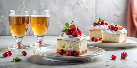 Delightful Dessert Creamy Whipped Topping, Raspberry Garnish, and Light Cake Squares Served with Refreshing Beverages