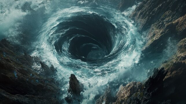 Charybdis's Whirlpool: Dramatic Ocean Vortex Surrounds Dark Rocks
