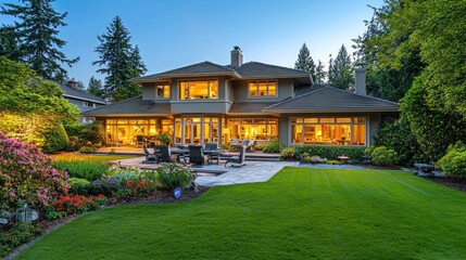Fototapeta premium Luxurious Home Evening Exterior Backyard Landscape
