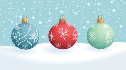 Three Christmas Ornaments in Snowy Landscape - Festive Winter Scene