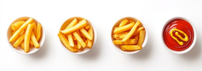 French fries in bowls with ketchup and mustard.