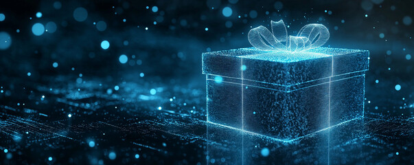 Gift box emitting holographic light and digital data streams, representing online shopping