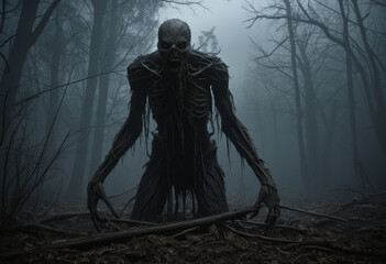 Fototapeta premium Eerie Forest Creature Emerging from Misty Shadows