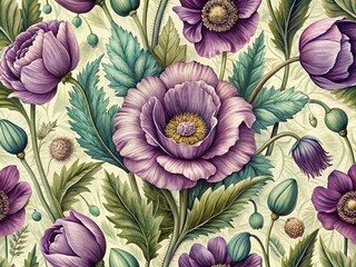 Vintage Floral Pattern: Hand-Drawn Purple Poppy Buds & Leaves - Botanical Art Print