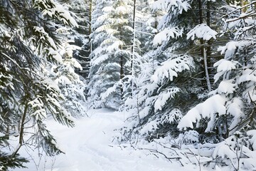 Beautifully snow-covered path meandering through a dense forest, showcasing the tranquility of a winter wonderland.
