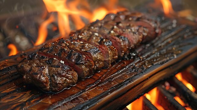Grilled sirloin cooked on an outdated plank