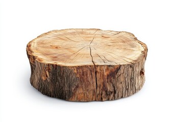 Rustic wood slice, tree trunk cross-section isolated on white background.