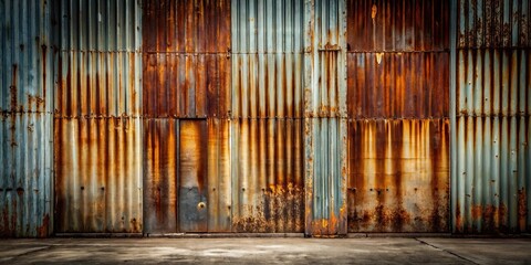 Obraz premium Rustic corrugated metal wall with a weathered door, showing significant rust and age, ideal for industrial or grunge design projects.