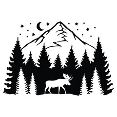 Moose in Nature, Wildlife, Hand Drawn Vector Illustration