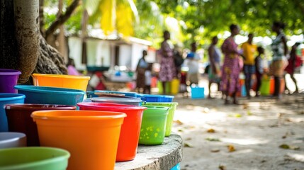 Colorful plastic cups on a table, people waiting in background.
