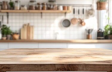 Empty wooden table in front of blurred kitchen background. (1)