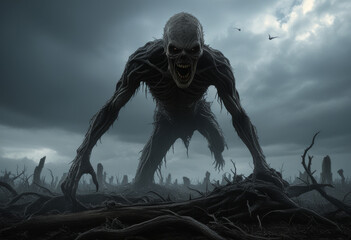 Sinister Creature Emerging from a Barren Landscape Under Dark Skies