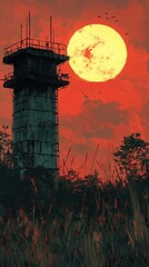 A Tower Silhouetted Against a Vivid Orange and Red Sunset with a Brilliant Full Moon in a Dramatic Sky, Surrounded by Grasses and Trees